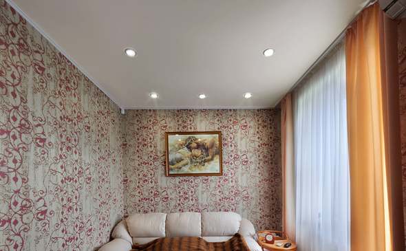 Satinines įtempiamos lubos miegamajame S=10,3 m2